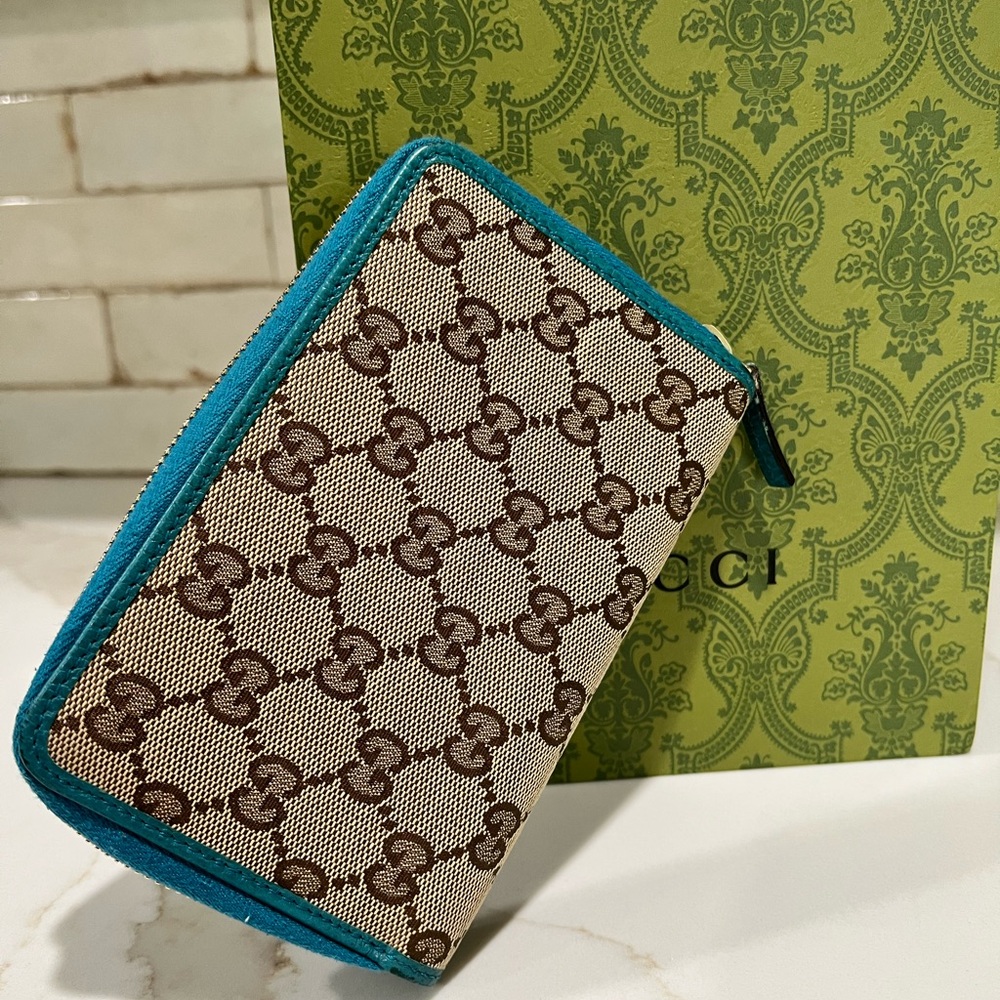 Gucci Brown Monogram Canvas Zipper Wallet with Teal Trim